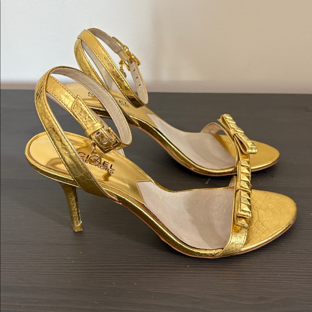 Michael Kors Livvy Ankle Heeled Sandals Strappy Metallic‎ Leather Gold Size 7.5 - Picture 10 of 14